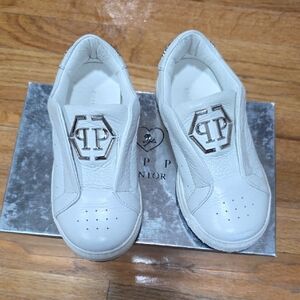 Philipp Plein White Slip-On Sneakers with Silver Logo